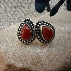 ❤️ Italian Red Coral Teardrop Hand Crafted 925 Stud Earrings Navajo Southwestern